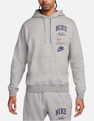 Nike Mens NIKE FN2635 Mens Fleece Hoodie Varsity Stacked Long Sleeve Swoosh Pullover Hoody - Grey - Size: 38