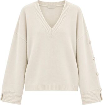 Akep Geborduurd V-hals Pullover - Dames - V-hals truien - Beige - M - Wol - Truien & Vesten