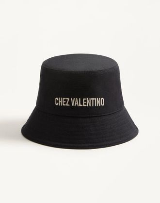 Valentino Garavani Bucket Hat Chez Valentino In Cotone Con Ricamo Uomo NERO/BURRO 57