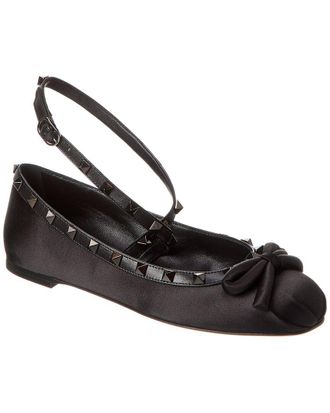 Valentino Rockstud Satin & Leather Ankle Strap Ballerina Flat