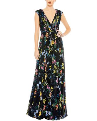 Mac Duggal Pleated Floral Cap Sleeve A Line Gown