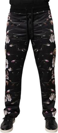 Dolce & Gabbana Zwarte bloemen joggingbroek met logo - Heren - Slim Fit Broeken - Veelkleurig - XS - Polyester - Broeken