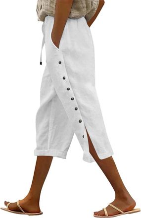 Generic Womens Casual Cotton Linen Elastic Waist Wide-Leg Pants with Side Button Detail, Solid Color 3/4 Length Beach Trousers for Relaxed Fit, Comfortable Lo