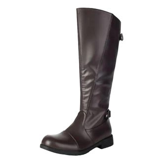 Generic Mens Knee High Riding Boots Round Toe Med Thick Heel With Side Zipper And Belt Buckles Retro Equestrian Tall Boots