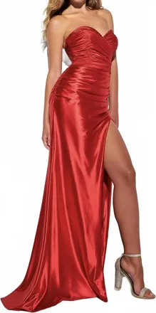 Faviana A-Line High Slit Hotstone Maxi Dress In Red