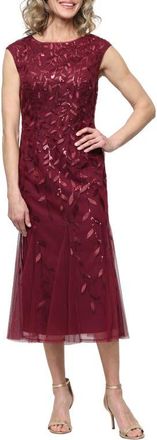 Alex Evenings Sequin Leaf Embroidery Cocktail Midi Dress in Wine at Nordstrom, Size 16