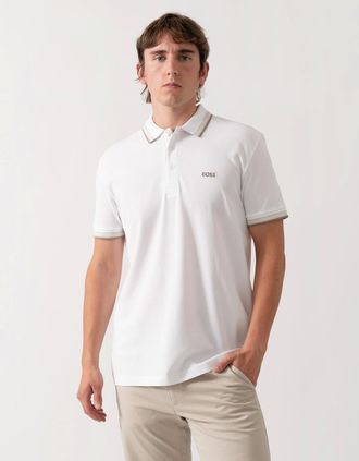 HUGO BOSS Mens BOSS Green Paddy Mens Cotton-Piqu&eacute; Polo Shirt with Contrast Logo - White 100 - Size: Regular/36