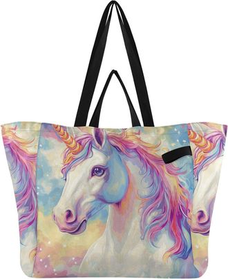Generic Unicorn Star Colorful print Reusable Canvas Tote Bag, Heavy Duty Grocery Shopping Bag with Hard Bottom Large Capacity Double Handles Work Groceries Tr