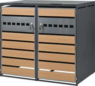 STILVORA Armario Para Cubos De Basura Con Tapa Abatible Hidraulica Y 2 Compartimentos Con Cerradura De Acero Gris Madera
