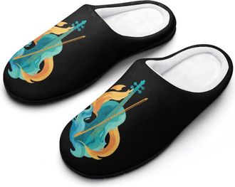 Generic Cello Musical Instrument Flowing Fire Slippers Men Winter Warm Cotton Anti-Slip Indoor Slip-Ons House Shoes