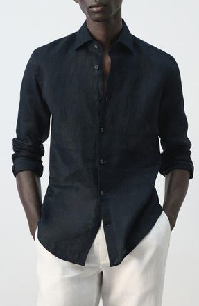 Mango Slim Fit Linen Button-Up Shirt in Navy at Nordstrom, Size X-Large