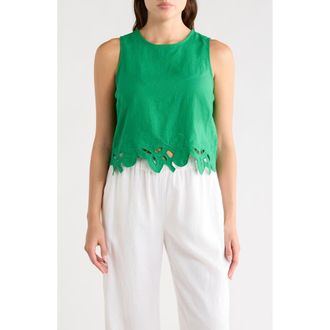 T Tahari Embroidered Hem Crop Linen Blend Tank in Jungle Palm at Nordstrom Rack, Size X-Large