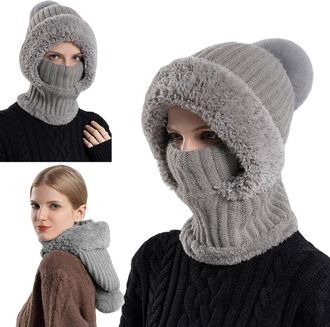Generic 3 in 1 Womens Winter Beanie Hat with Scarf and Mask, Fleece-Lined Knit Set, Windproof Snow Caps for Cold Weather Dark Grey