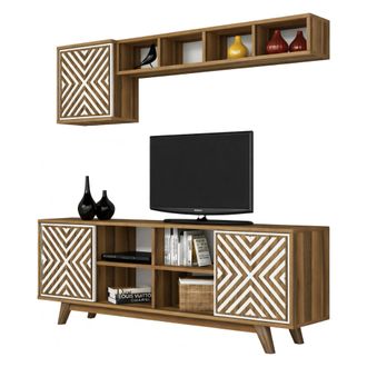 Dmora Dmora - Mueble De Televisi&oacute;n Nair, Aparador De Sal&oacute;n, Mueble Bajo Para Tv, Base De Pared Equipada, 160x35h56 Cm, Nogal Y Blanco, Con Embalaje Reforzad