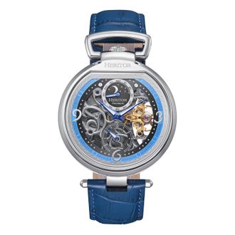 Heritor Mens Lincoln Leather-Band Skeleton Watch with Moon Phase - Blue Stainless Steel - One Size