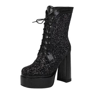 Generic Womens Sexy Platform Ankle Boots Square Toe Chunky Heel With Lace Up Front And A Sparkling Sequined Upper