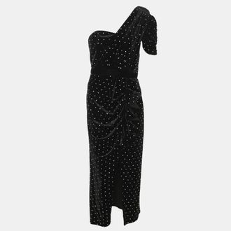 Self Portrait Black Velvet Crystal Embellished One Shoulder Midi Dress