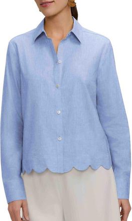 Foxcroft Scarlett Scallop Hem Linen Blend Button-Up Shirt in Powder Blue at Nordstrom, Size X-Large