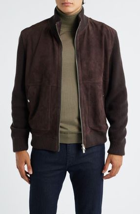 BOSS Maparo Goatskin Suede & Cotton Blend Knit Jacket in Dark Brown at Nordstrom, Size 38