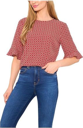 CeCe by Cynthia Steffe Elbow Sleeve Ruffle Cuff Crew Neck Top Womens Clothing Mulberry Red : SM, Polyester/Spandex