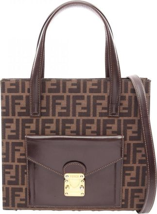 Fendi Black Brown Canvas Leather Handbag Tote Bag (Pre-Owned)