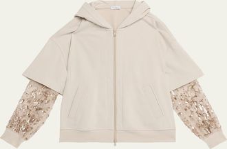 Brunello Cucinelli Hooded Zip Jacket with Sheer Sequined Raindrop Sleeves