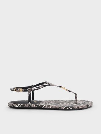 Charles & Keith Leather Snake-Print T-Bar Thong Sandals