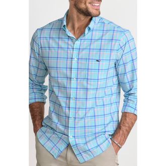 Vineyard Vines Coconut Key Plaid UPF 30+ Button Front Shirt in Sea Splash at Nordstrom, Size X-Large