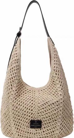 Generic Crochet Hobo Shoulder Bag, Beige, Woven Mesh Design with Black Leather Strap, Casual Summer Style 282516cm