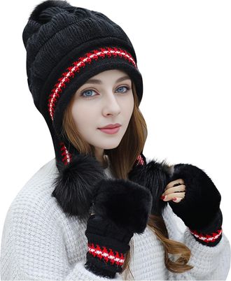 Generic Beanie Cap Pom Pom Fleece Womens Skullies & Beanies Knitted Womens Hats Thermal with Ear Flaps Ladies Bobble Hats Warm Plush Thick Winter Hat Women Bl
