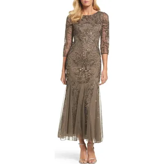 Pisarro Nights Illusion Sleeve Beaded A-Line Gown in Deep Mocha at Nordstrom Rack, Size 2
