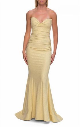 La Femme Strapless Sweetheart Rhinestone Gown In Pale Yellow