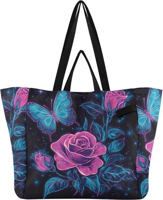 Generic Butterfly Rose Black print Reusable Canvas Tote Bag, Heavy Duty Grocery Shopping Bag with Large Capacity Hard Bottom Double Handles Work Groceries Tra