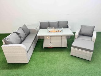 Fimous 8 Seater Poly Rattan Outdoor Garden Furniture Firepit Dining Table Sofa Set Patio 3 Seater Sofa Reclining Chair 3 Seater Sofa Big Footstool