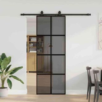 vidaXL Puerta Corredera Con Herrajes Negro 76x205 Cm Vidrio Templado Vidaxl