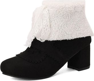 Generic Womens Winter Ankle Boots with Faux Fur Bowknot Decor Comfort Round Toe Block Mid Heel Brouge Shoes for Party and Casual (Black,7.5)