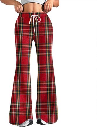 Generic Tartan Plaid Flared Trousers Women High Waist Soft Stretch Work Trouser Check Print Joggers Bottoms UK Butt Lift Bootcut Yoga Pants Ladies Wide Leg Pa