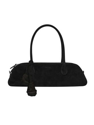 Magda Butrym Brigitte Trapeztasche aus schwarzem Wildleder mit Blumenanh&auml;nger