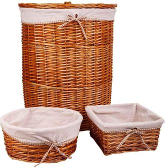 Wanderlust Deco Set cesto de ropa y dos cestos de mimbre forrados marrones