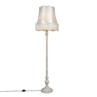 QAZQA Qazqa Retro/vintage L&aacute;mpara De Pie Gris Con Pantalla De Abuela Crema - Classico Madera /textil Redonda Adecuado Para Led Max. 1 X 40 Watt