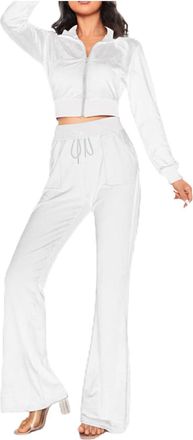 Generic Women Tracksuit Set 2 Piece Slim Fit Velour Velvet High Waist Flared Sweatsuit Casual Cropped Zip Up Hoodie Jacket Comfy Soft Fall Fashion Bell Bottom