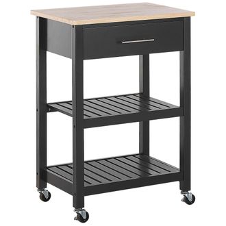 Beliani Carrito De Cocina De Mdf Madera De Caucho Negro 58 X 40 X 85 Cm Ruedas 2 Baldas 1 Caj&oacute;n Botellero Hiuma