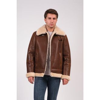 FURNIQ Rupert Textured Leather Shearling Aviator Jacket in Brown at Nordstrom, Size Xxx-Large