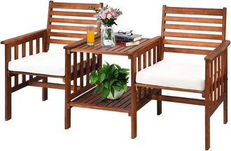 Costway Asiento De Dos Plazas De Madera De Acacia, Juego De 3 Piezas De Sillas Y Mesa Para Exteriores, Conjunto De De Conversaci&oacute;n Para Patio Con Cojines Blan