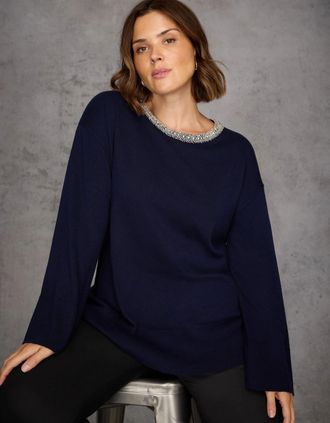Live Unlimited London Womens Navy Cashmere-Blend Jumper with Embellished Neckline - Blue - Size: 22