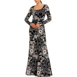 Mac Duggal Embroidered Velvet Long Sleeve Scoop Neck Gown in Black Multi at Nordstrom, Size 18