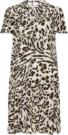 Ichi Jurk met dierenprint en ruche zoom - Dames - Casual kleedjes - Veelkleurig - S - Kleedjes