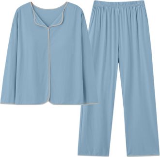 Generic Womens 2 Piece Outfits Clearance Cotton Modal Long Sleeve Shirt and Full Length Bottom Pyjama Set with Built in Bra Support Pjs Sets Oversized Baggy L