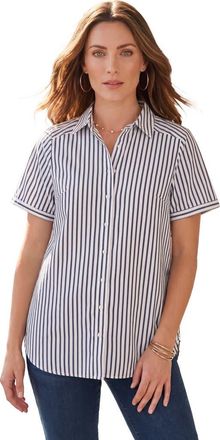Roaman's Plus Size Kate Short Sleeve Easy Cotton Blend Button Front Shirt in Navy Blue Stripe at Nordstrom, Size 34
