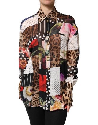 Dolce & Gabbana Womens Multicolor Patchwork Silk Collaredblouse Top 05+se